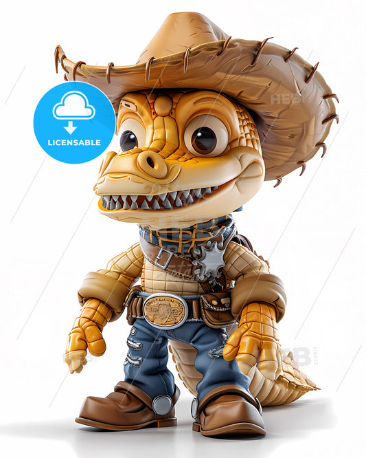 Vibrant Animal Crossing Anthropomorphic Alligator Cowboy Biker on White, a Toy with Cowboy Hat, 3D Character Cartoon with Aliasing