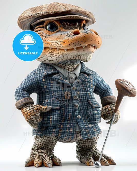 Anthropomorphic Alligator Golfer Isolated Character | Cartoon 3D Lizard Wearing Hat and Coat | Digital Art | Painterly Style | Full Body
