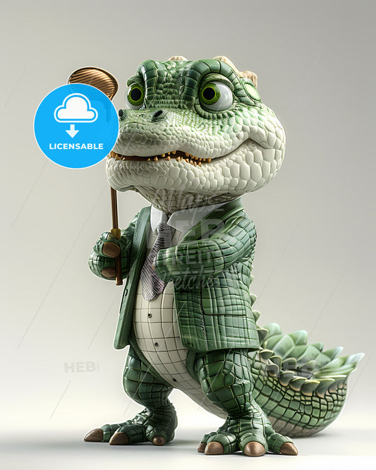 3D Cartoon Anthropomorphic Alligator Golfer Character Statue Holding Golf Club on Isolated White Background, Digital Art
