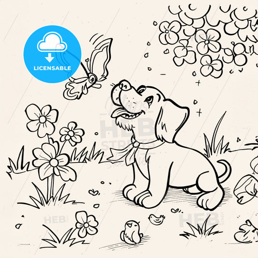 Animals Scene - A Drawing Of A Dog And A Butterfly