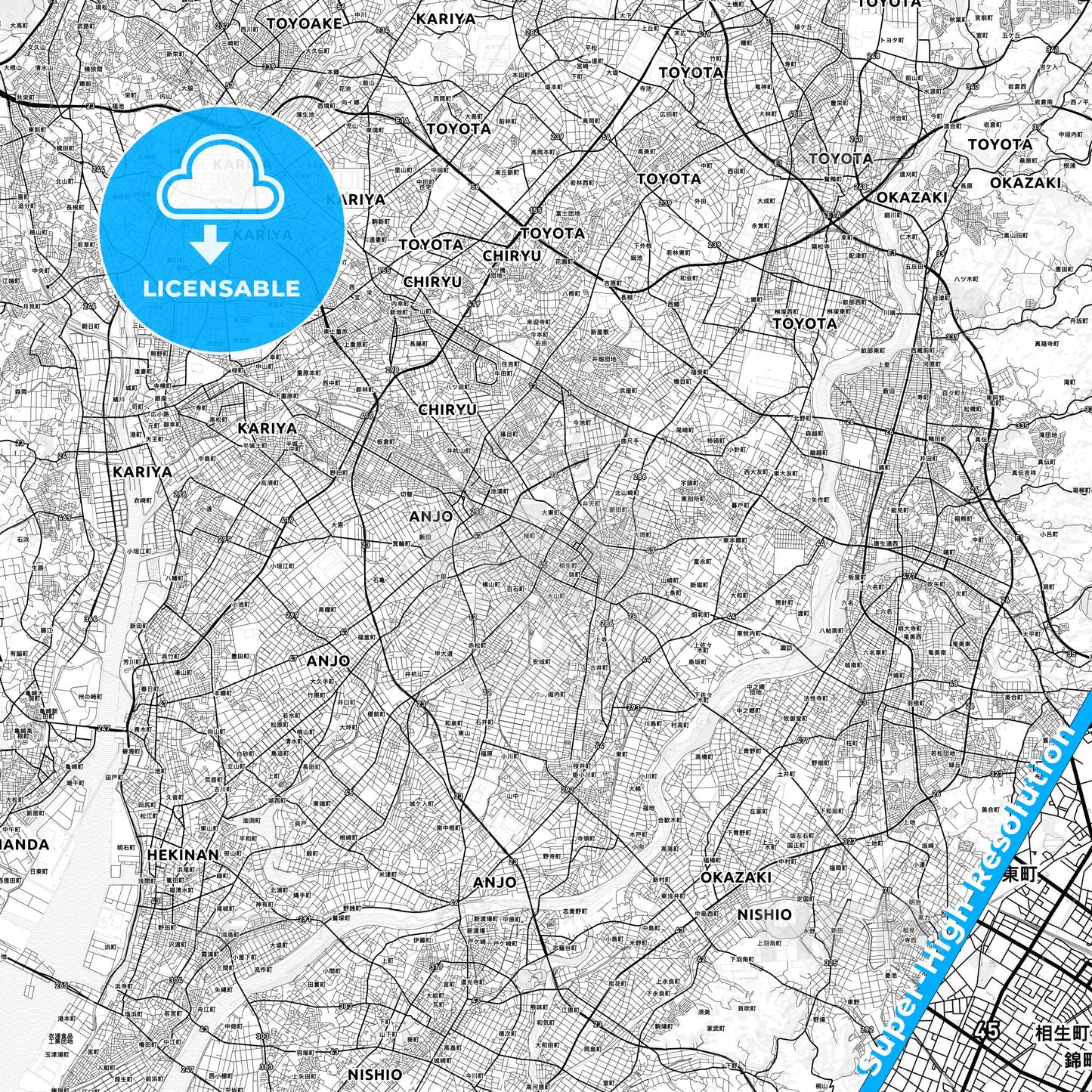 Anjō, Japan light map with streetnames, citynames and districts