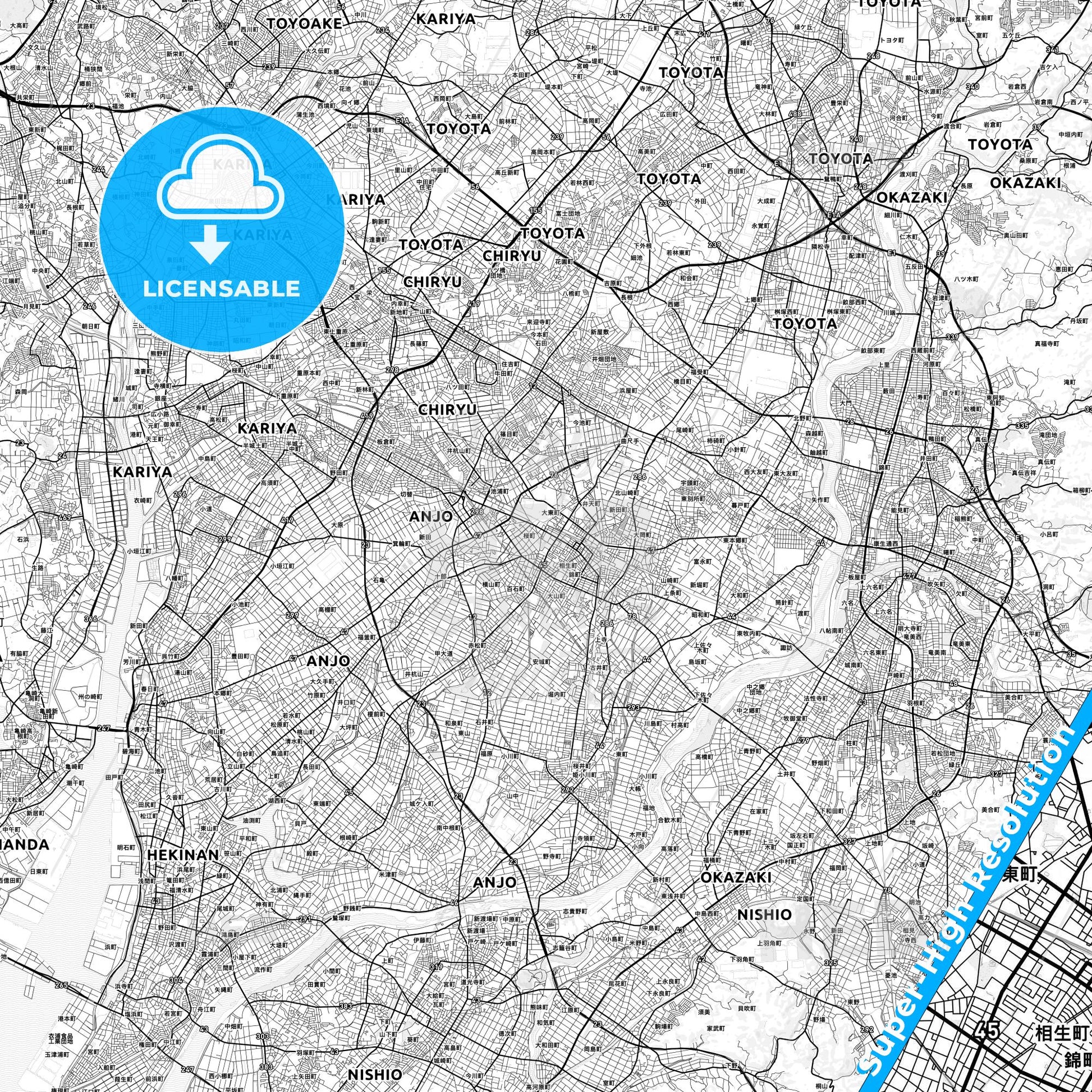 Anjō, Japan light map with streetnames, citynames and districts