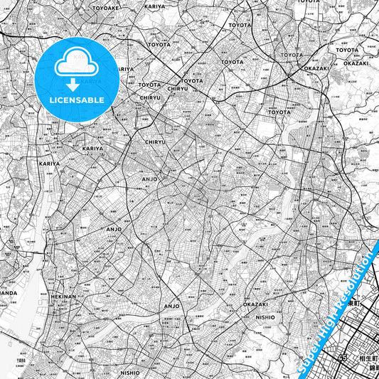 Anjō, Japan light map with streetnames, citynames and districts