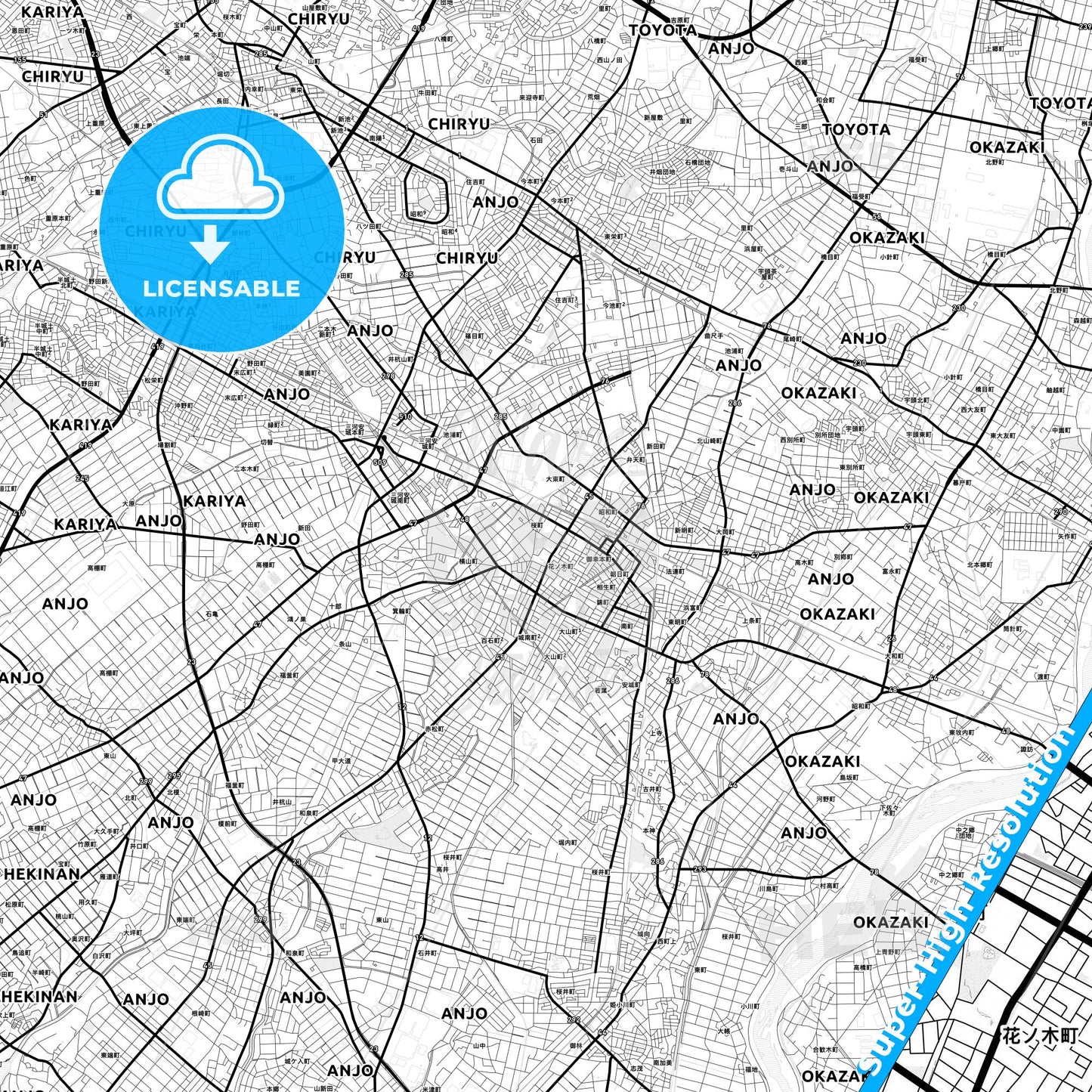 Anjō, Japan Light Map with Street Names, City Names, and Districts