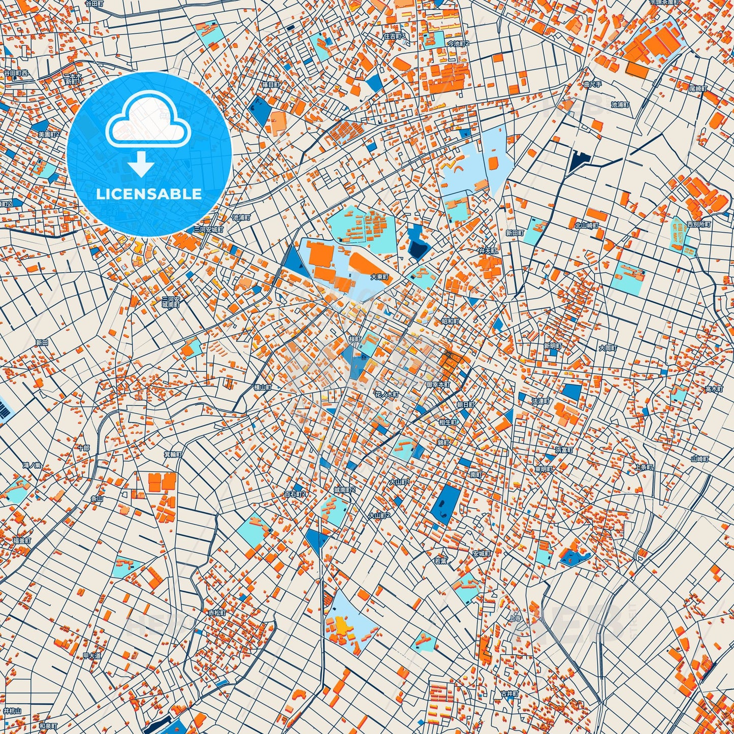 Colorful Anjō Street Map with Labels and Buildings