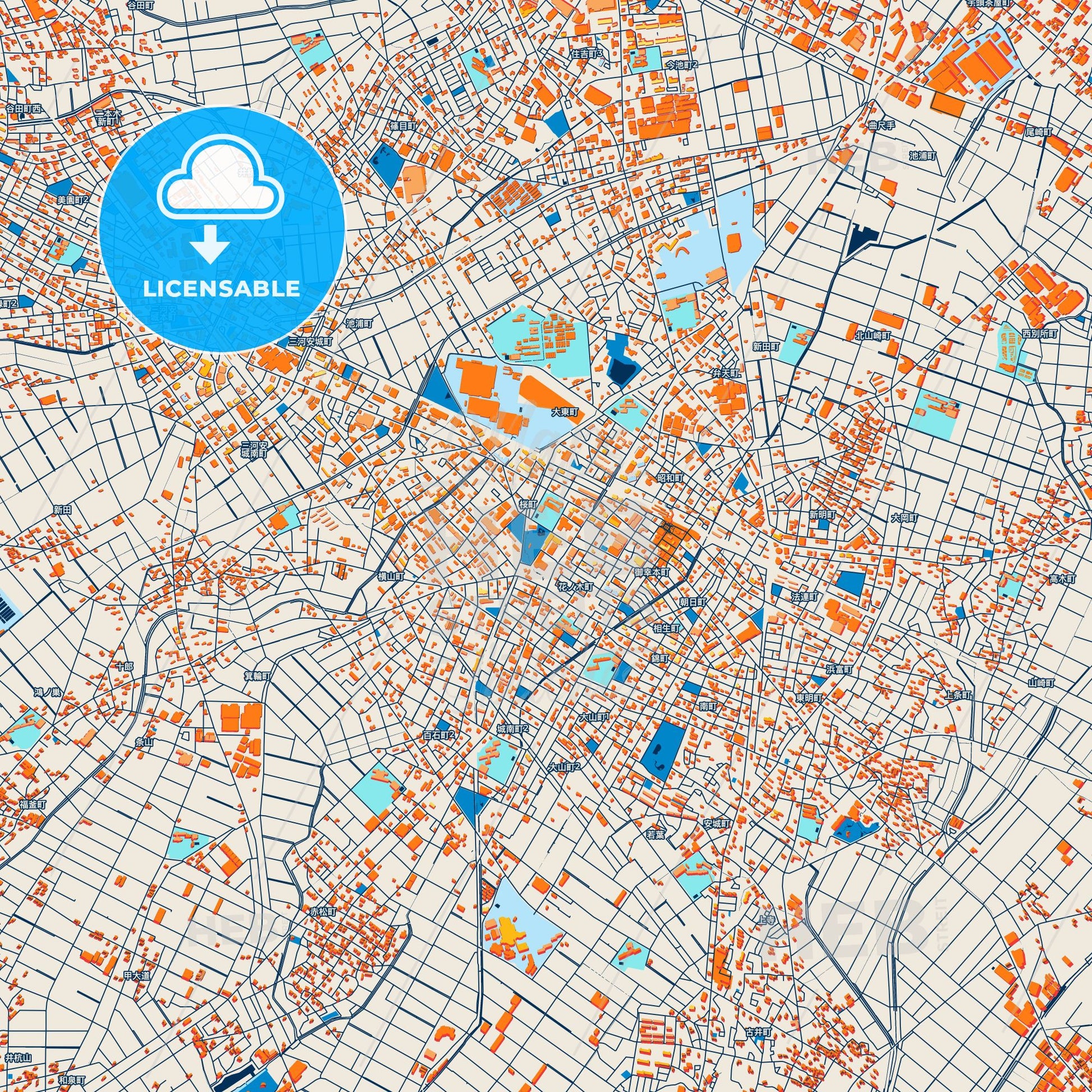 Colorful Anjō Street Map with Labels and Buildings