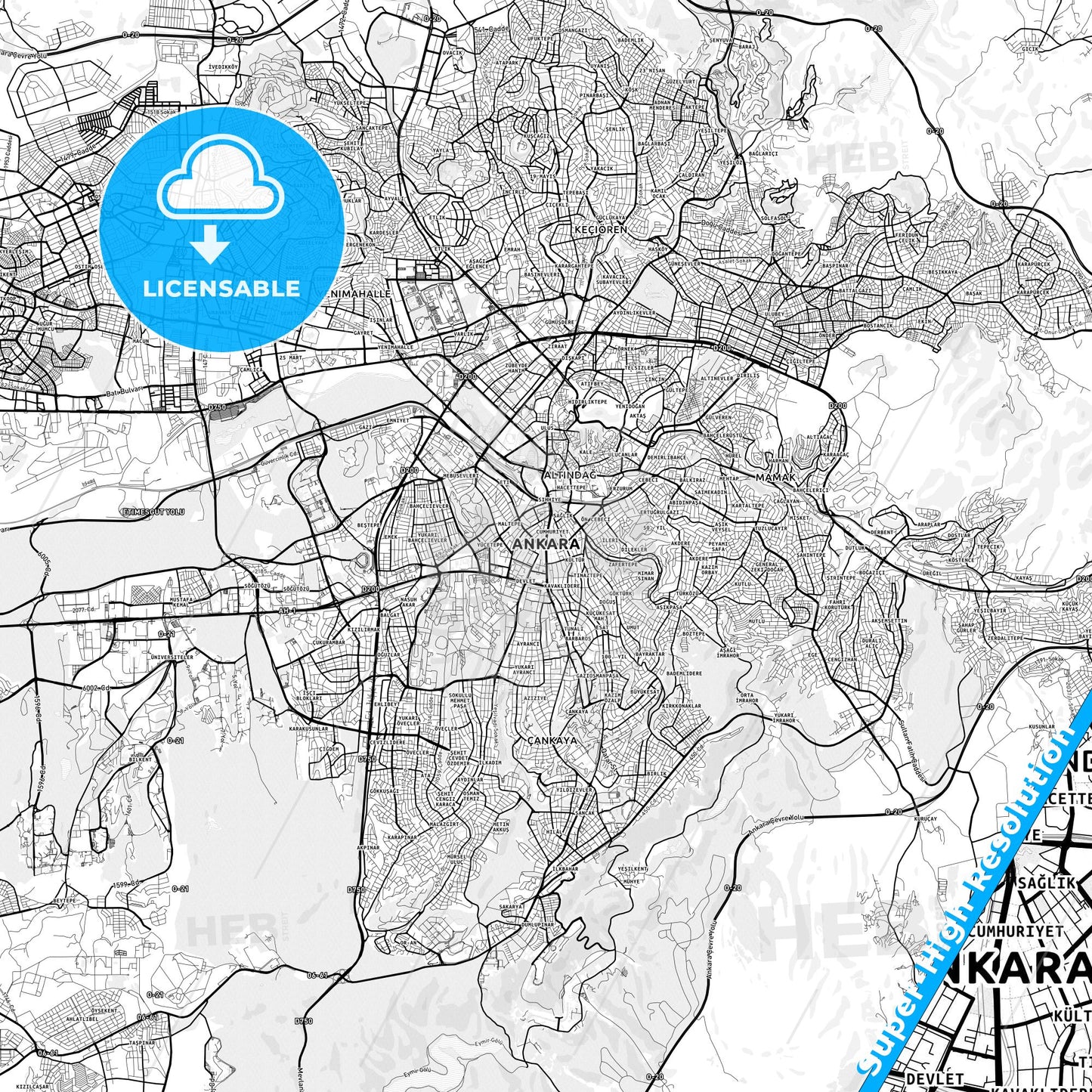 Ankara, Turkey light map with streetnames, citynames and districts