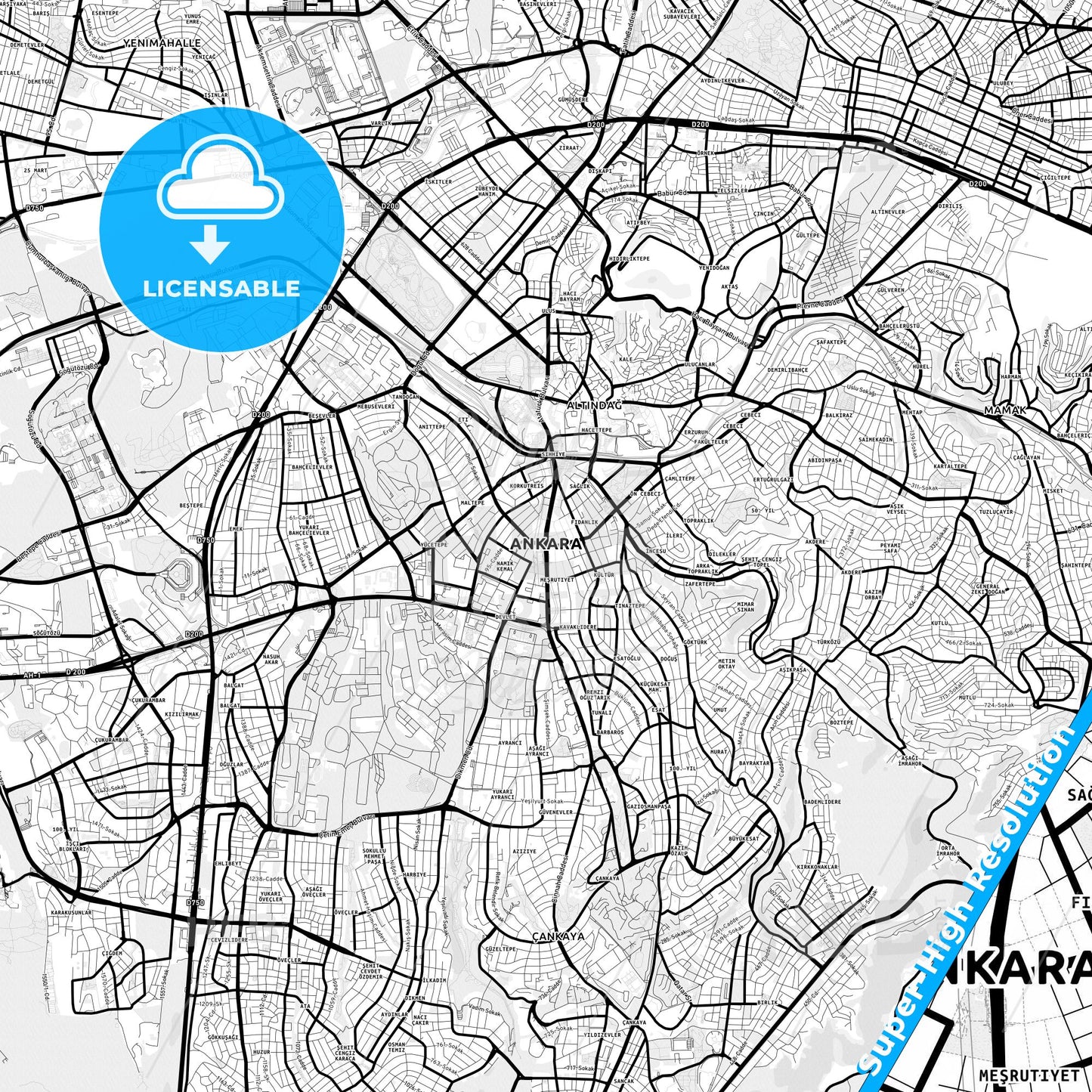 Ankara, Turkey Light Map with Street Names, City Names, and Districts