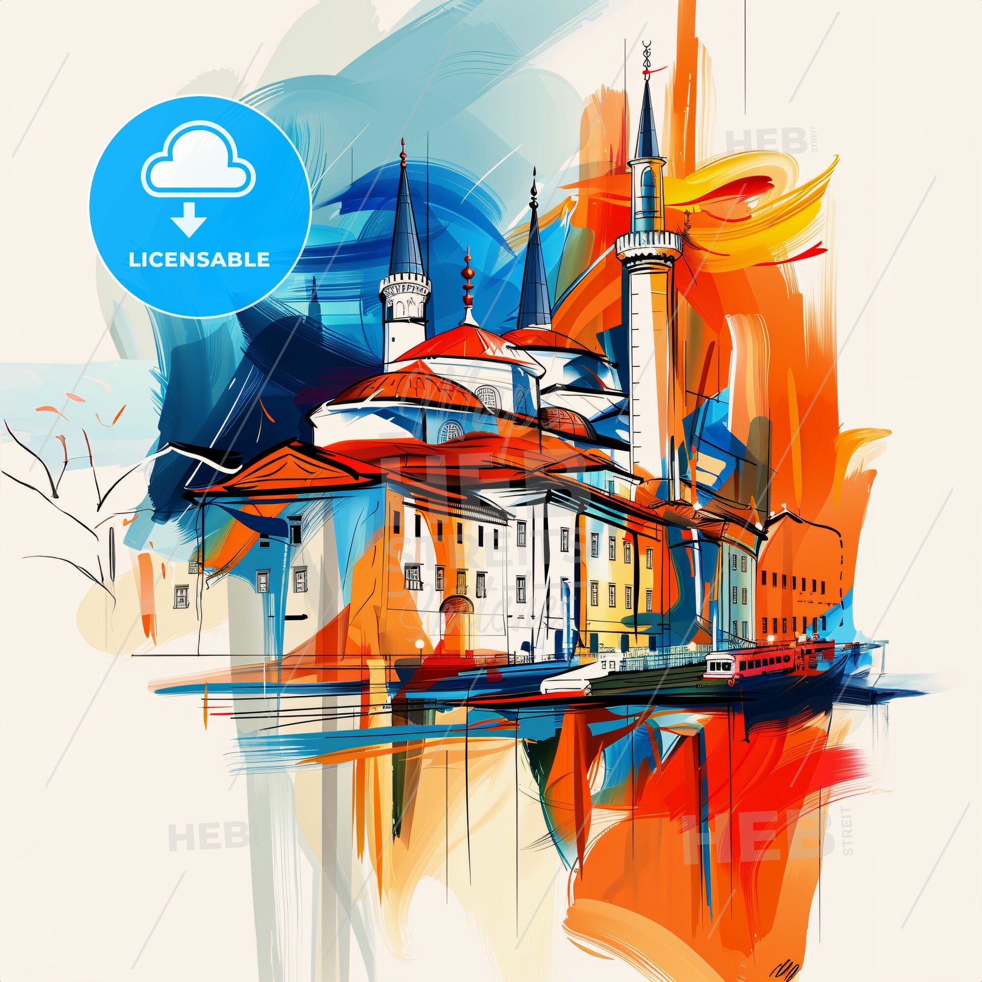 Vibrant Ankara, Turkey - A Painting Of A Building With Towers And A Boat