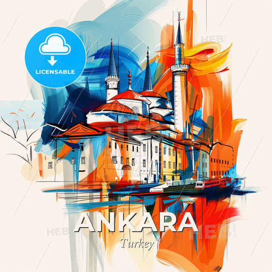 Vibrant Ankara, Turkey - A Painting Of A Building With Towers And A Boat - Square format print template