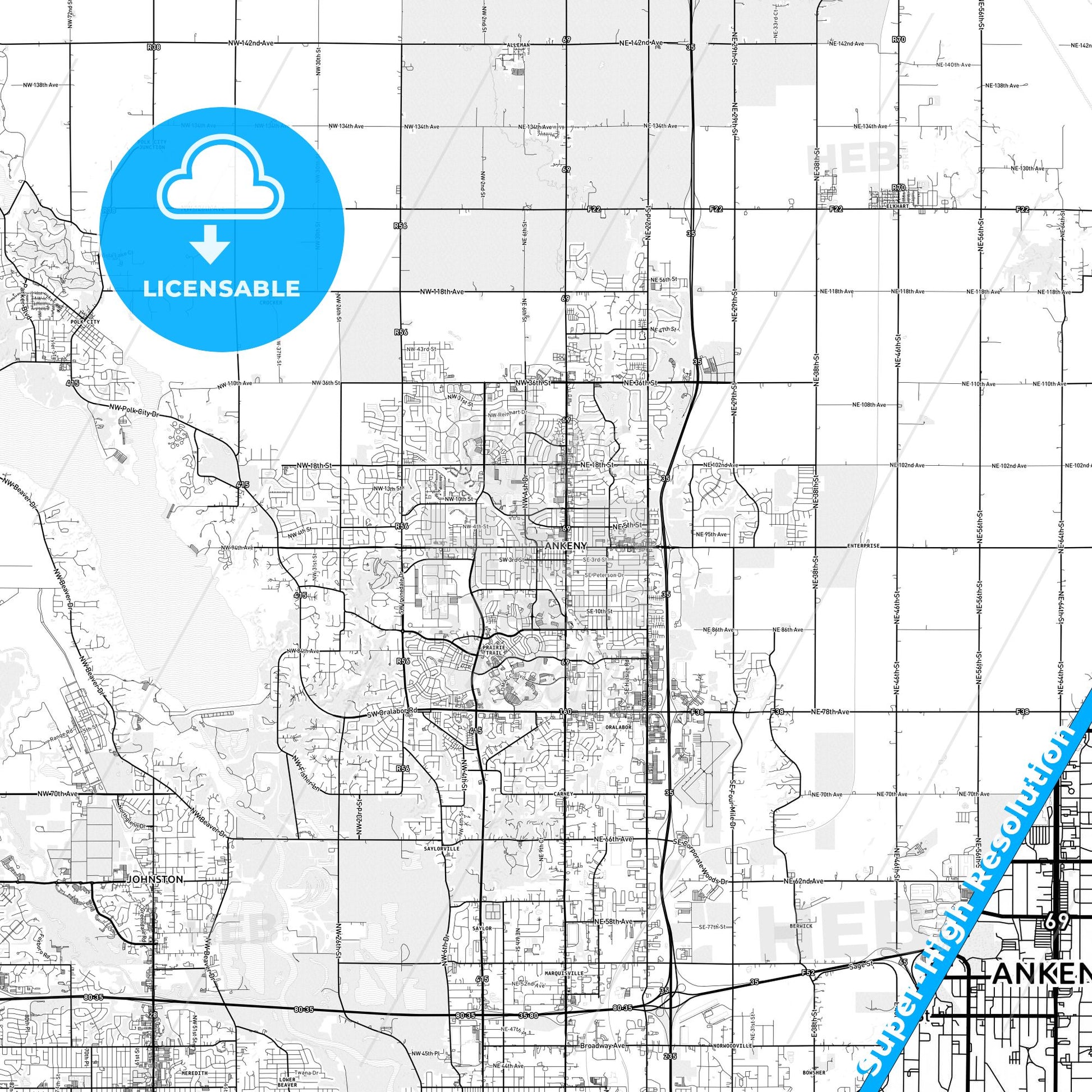Ankeny, Iowa light map with streetnames, citynames and districts