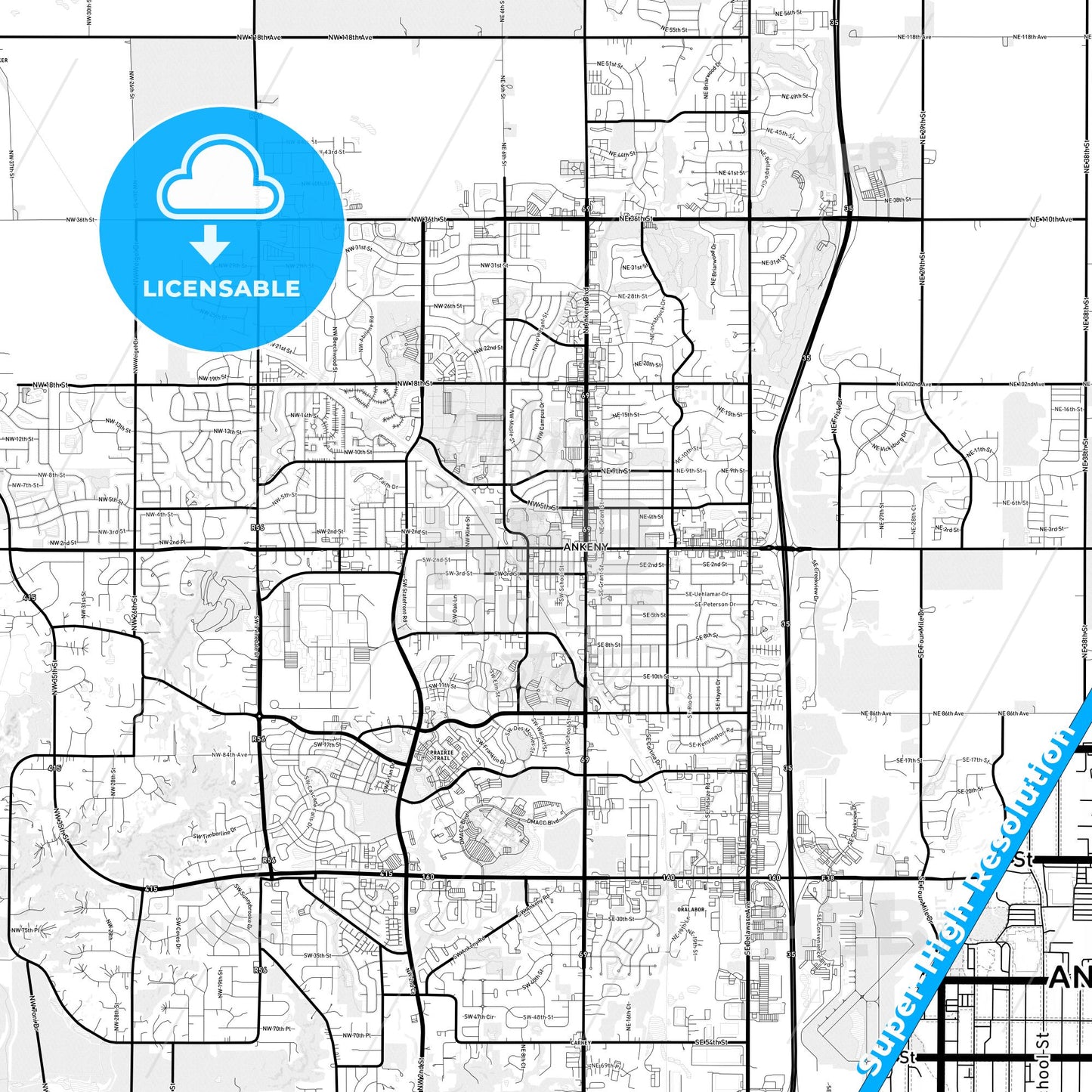 Ankeny, Iowa Light Map with Street Names, City Names, and Districts