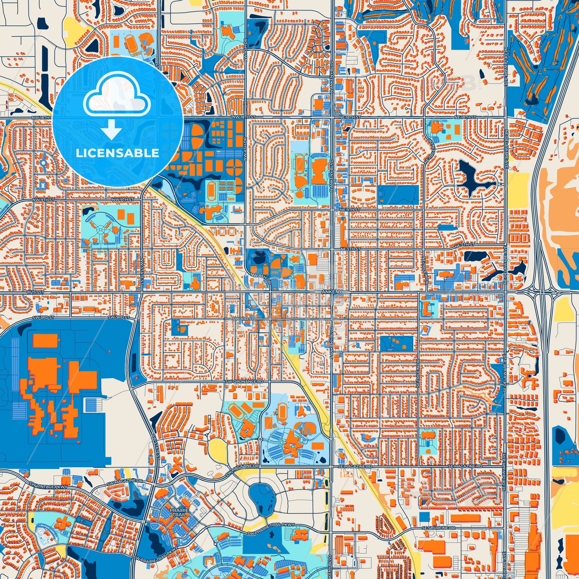 Colorful Ankeny Street Map with Labels and Buildings