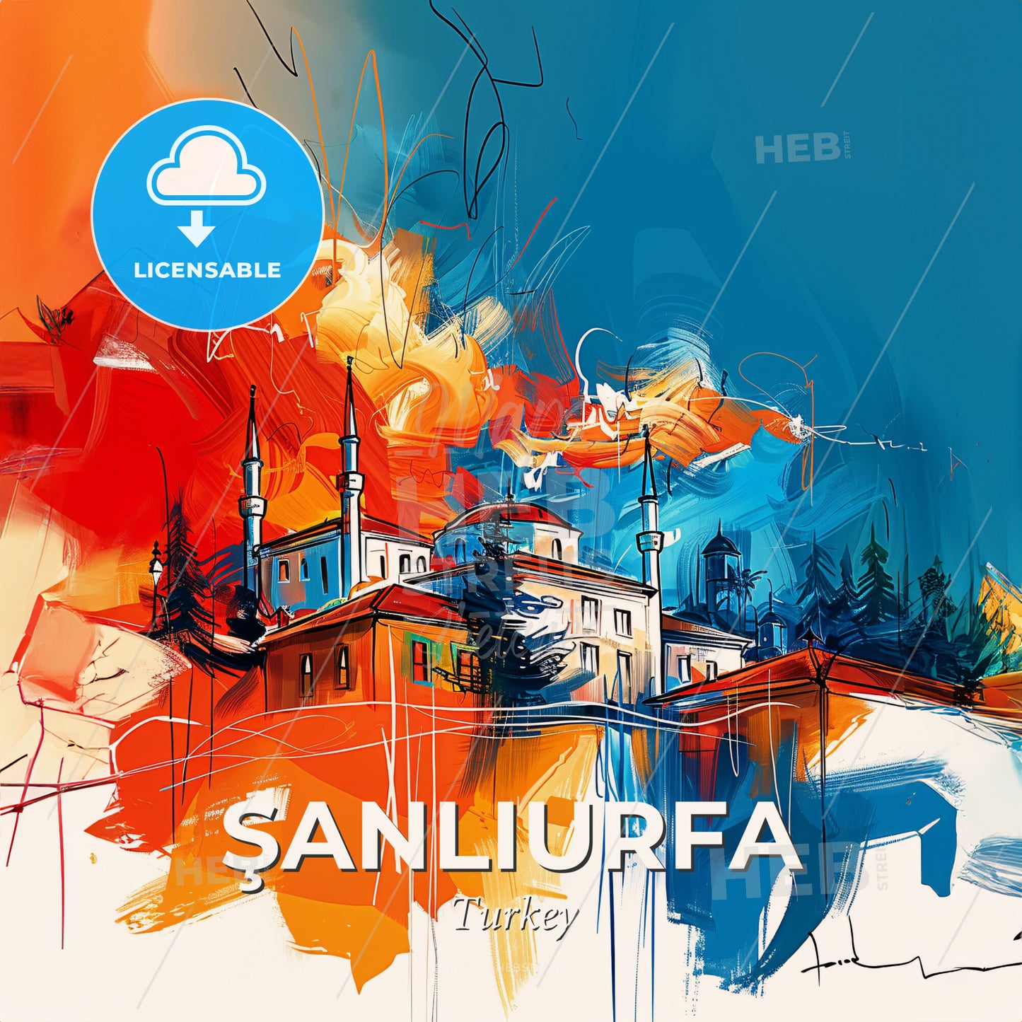 Vibrant Şanliurfa, Turkey - A Painting Of A Building With Towers And Trees - Square format print template