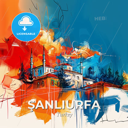 Vibrant Şanliurfa, Turkey - A Painting Of A Building With Towers And Trees - Square format print template