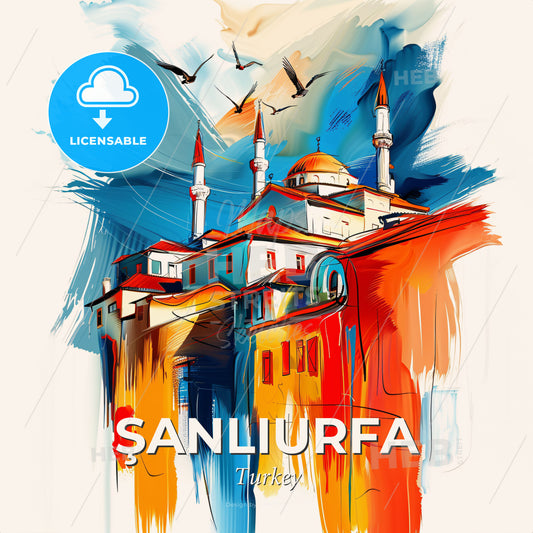 Vibrant Şanliurfa, Turkey - A Painting Of A Building With Towers And Birds Flying - Square format print template