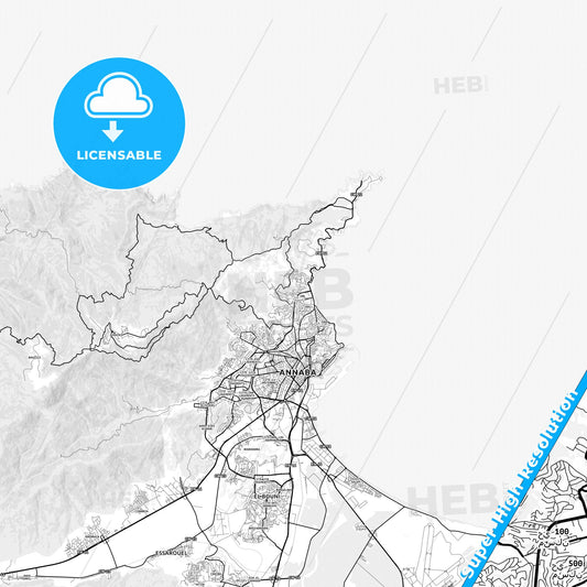 Annaba, Algeria light map with streetnames, citynames and districts