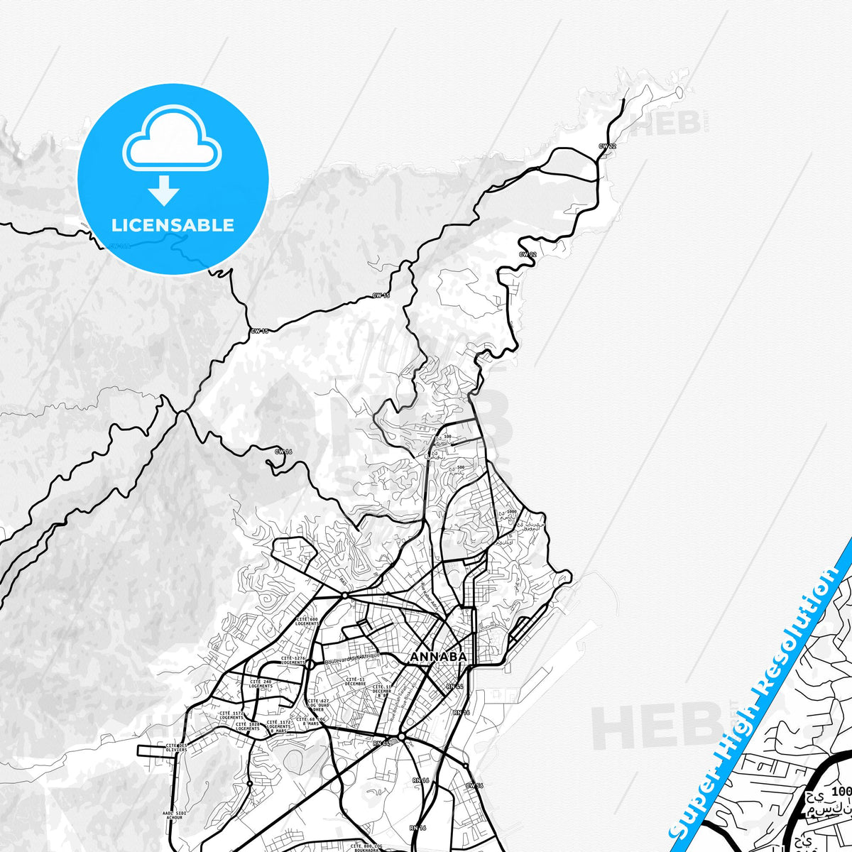 Annaba, Algeria Light Map with Street Names, City Names, and Districts