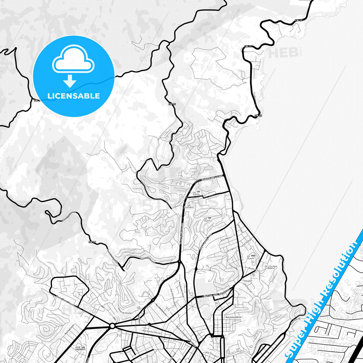 Annaba, Algeria Light Map with Street Names, City Names, and Districts