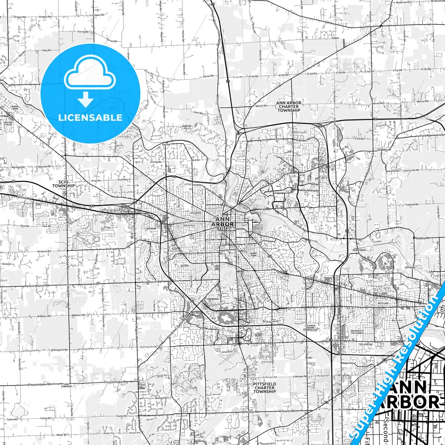 Ann Arbor, Michigan light map with streetnames, citynames and districts
