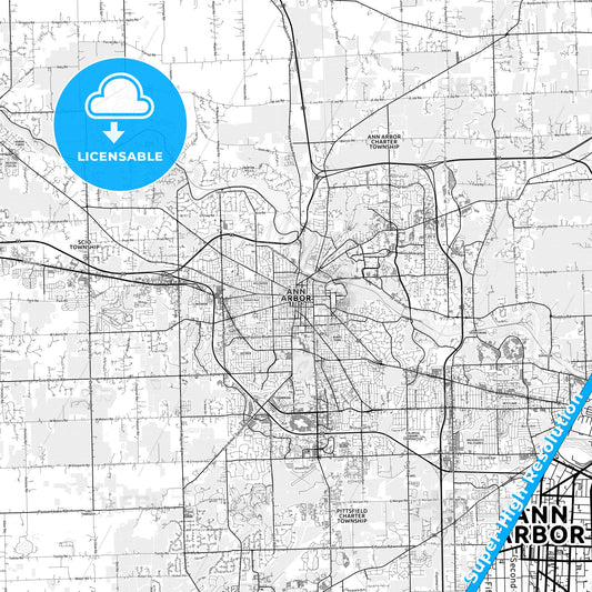 Ann Arbor, Michigan light map with streetnames, citynames and districts