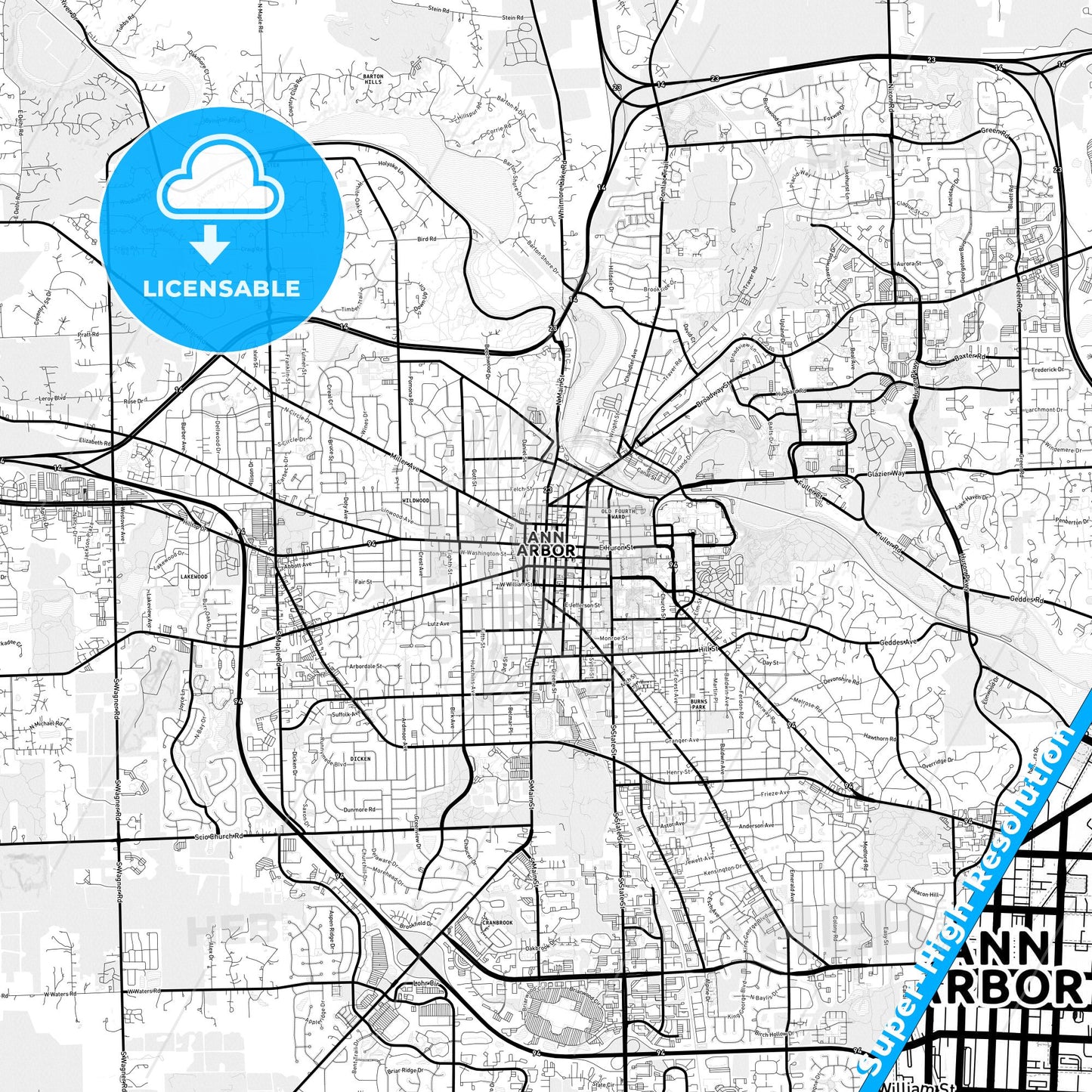 Ann Arbor, Michigan Light Map with Street Names, City Names, and Districts