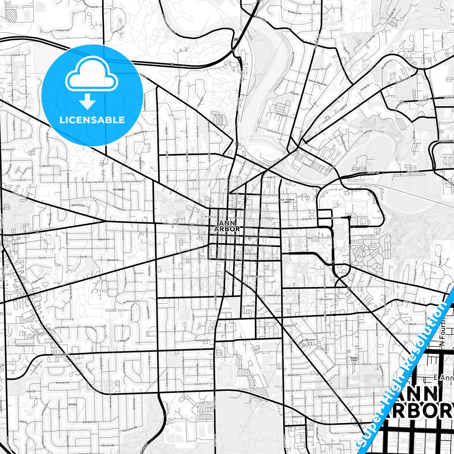 Ann Arbor, Michigan Light Map with Street Names, City Names, and Districts