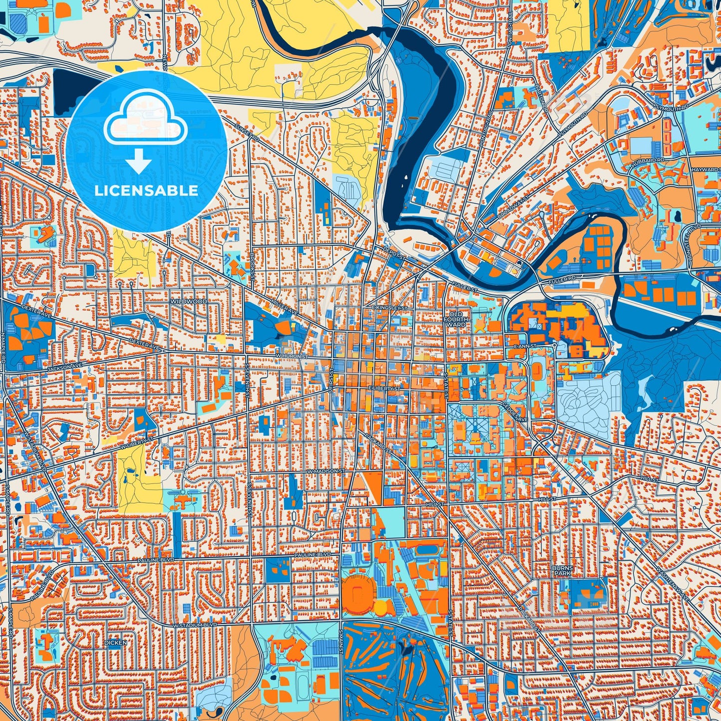 Colorful Ann Arbor Street Map with Labels and Buildings