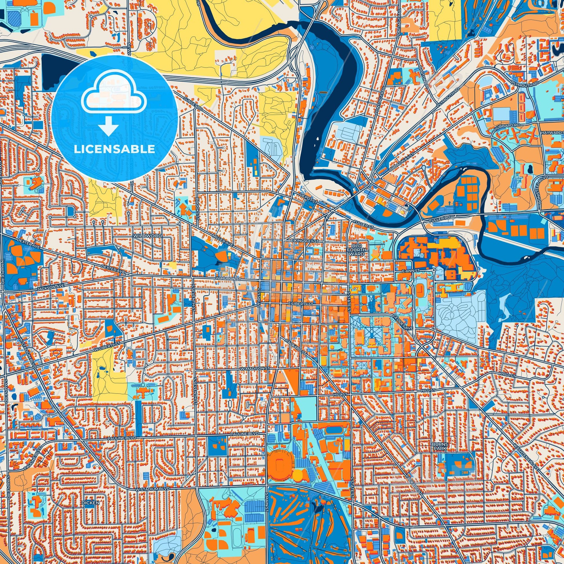 Colorful Ann Arbor Street Map with Labels and Buildings