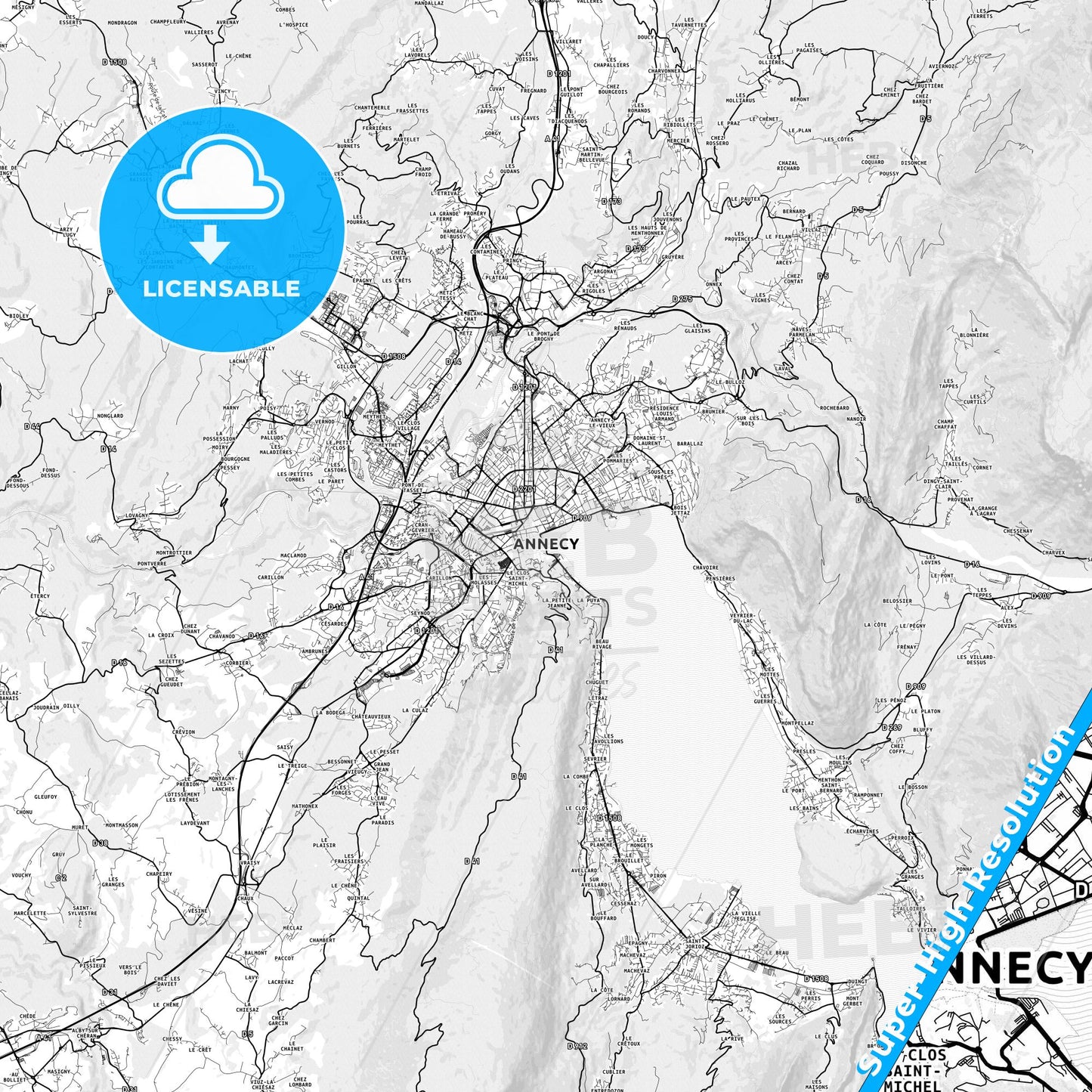 Annecy, France light map with streetnames, citynames and districts