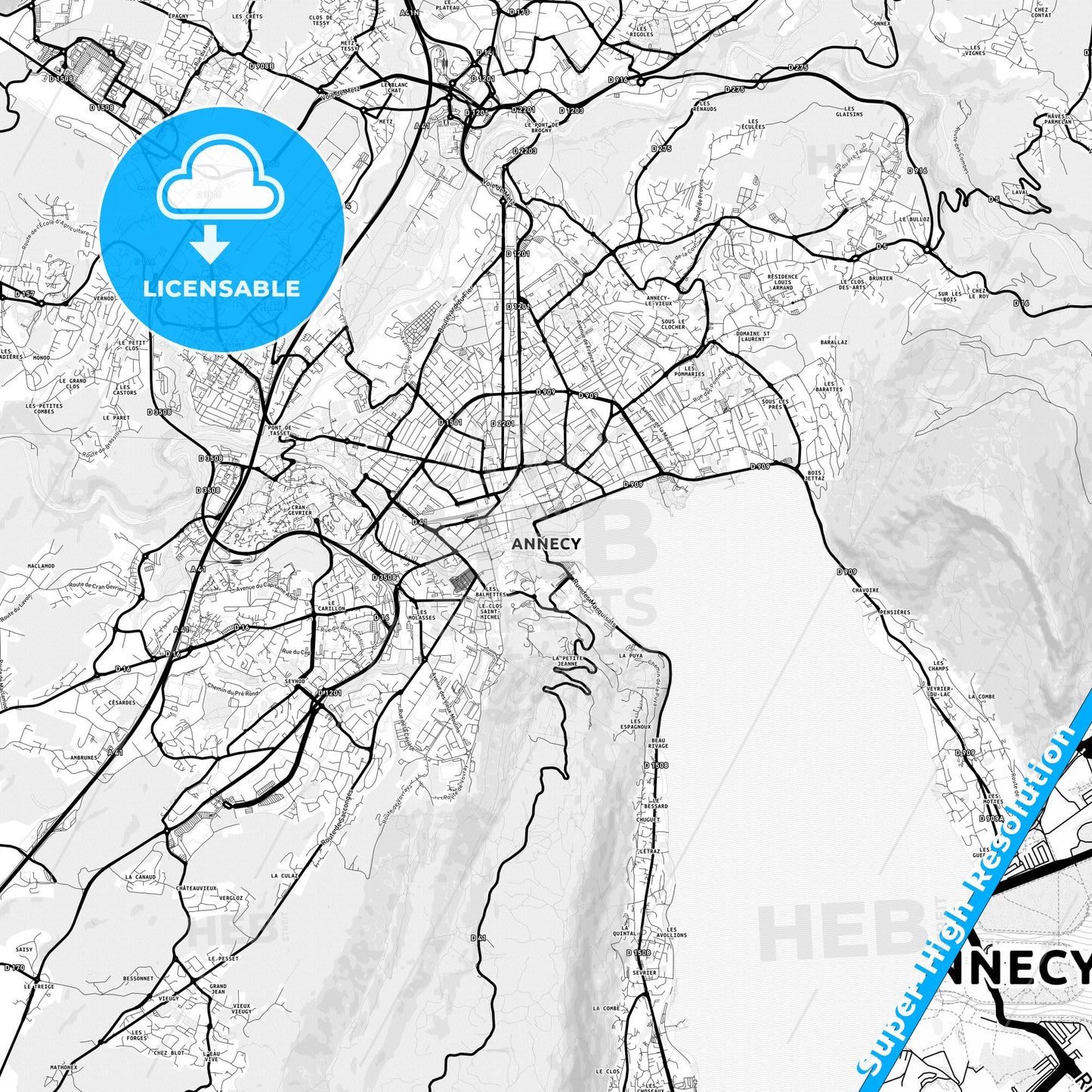 Annecy, France Light Map with Street Names, City Names, and Districts