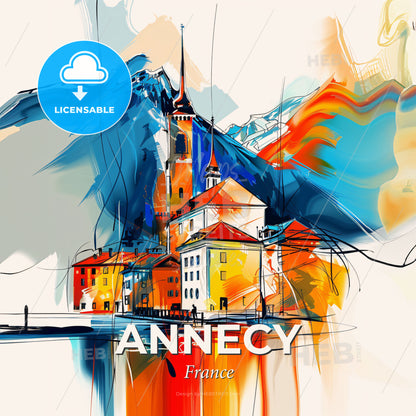 Vibrant Annecy, France - A Painting Of A Building And Mountains - Square format print template
