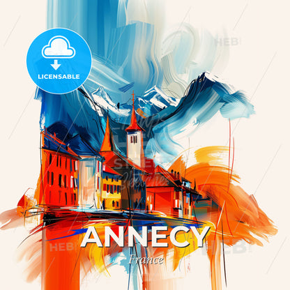 Vibrant Annecy, France - A Painting Of A Building And Mountains - Square format print template