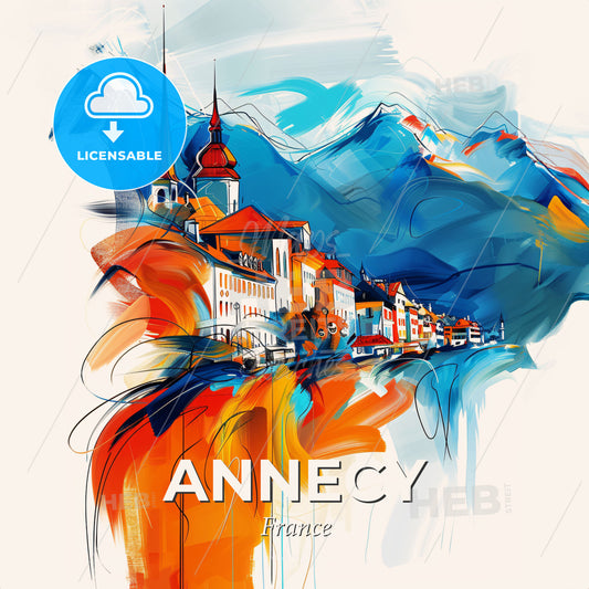 Vibrant Annecy, France - A Painting Of A Town With Mountains In The Background - Square format print template