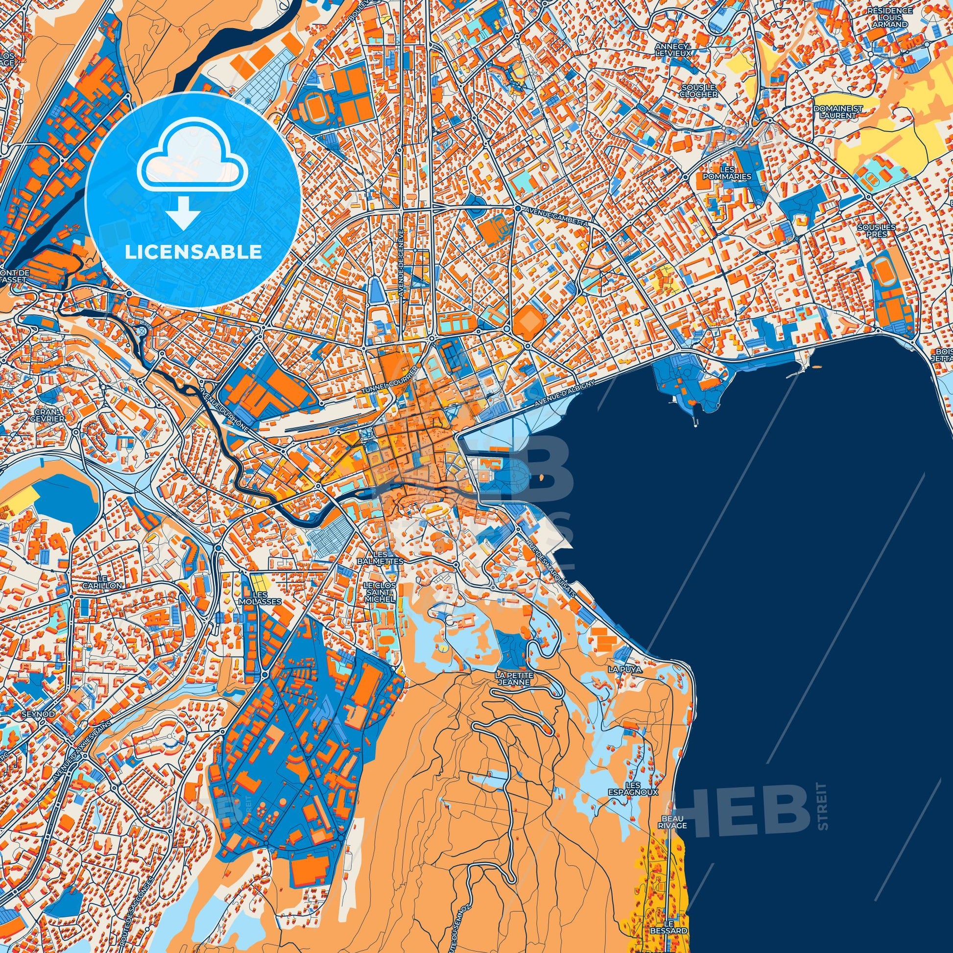 Colorful Annecy Street Map with Labels and Buildings