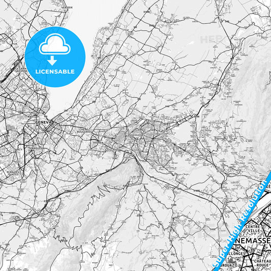 Annemasse, France light map with streetnames, citynames and districts