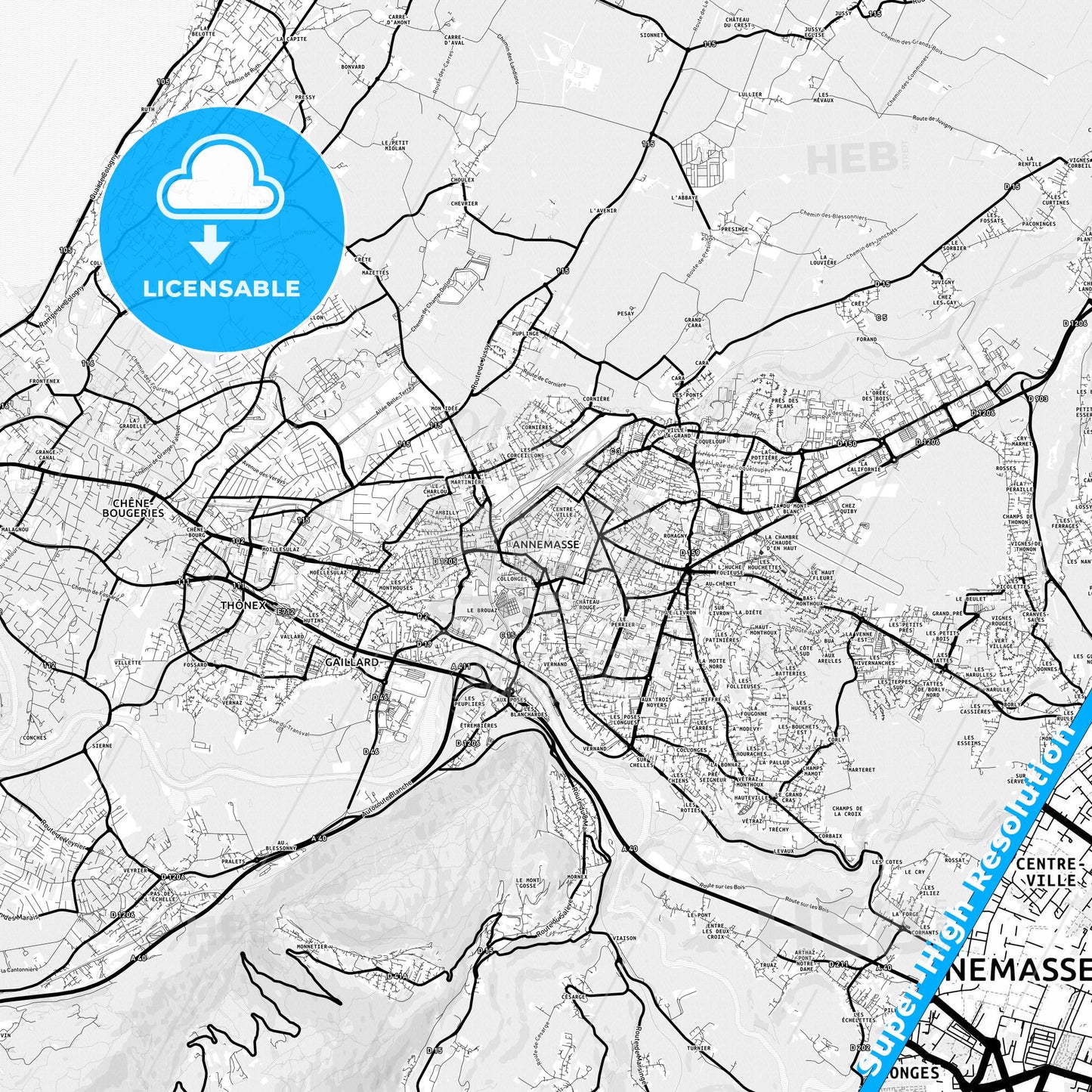Annemasse, France Light Map with Street Names, City Names, and Districts