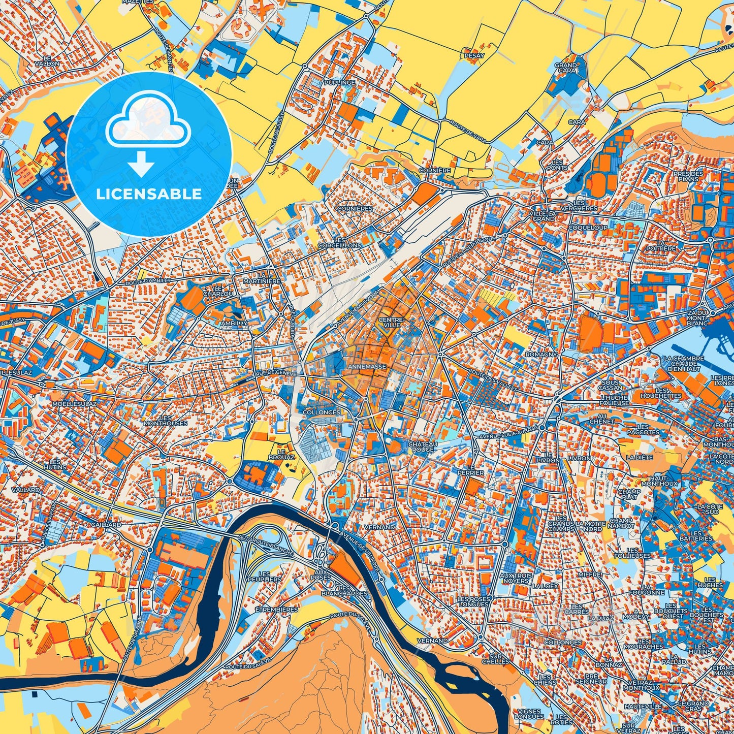 Colorful Annemasse Street Map with Labels and Buildings