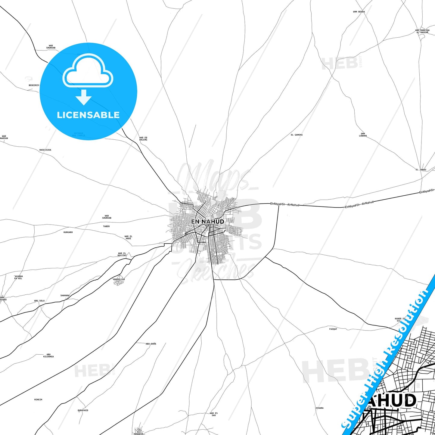 An Nuhud, Sudan light map with streetnames, citynames and districts