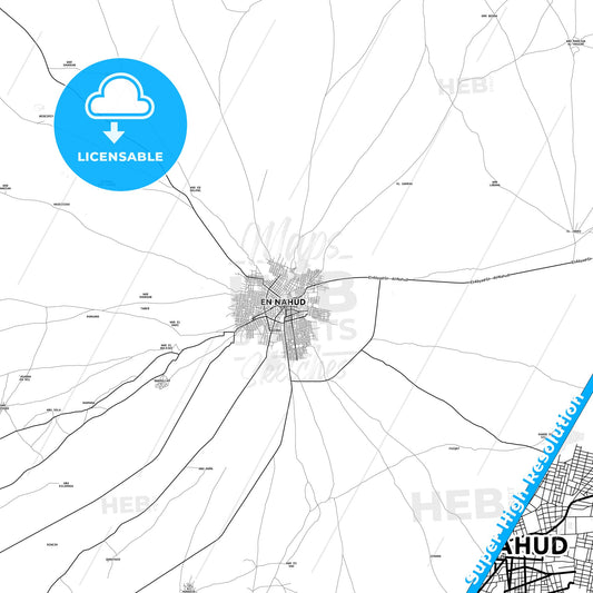 An Nuhud, Sudan light map with streetnames, citynames and districts