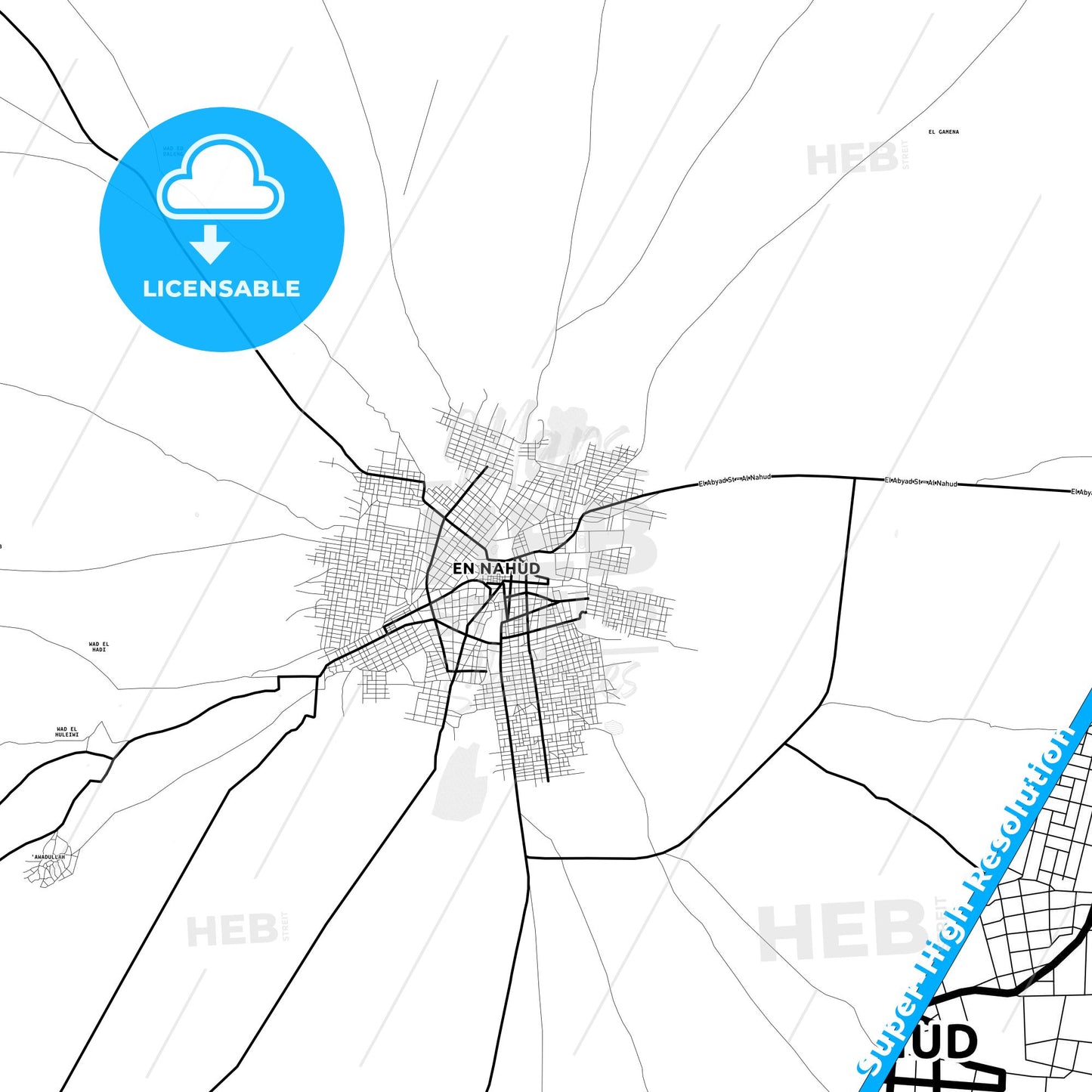 An Nuhud, Sudan Light Map with Street Names, City Names, and Districts