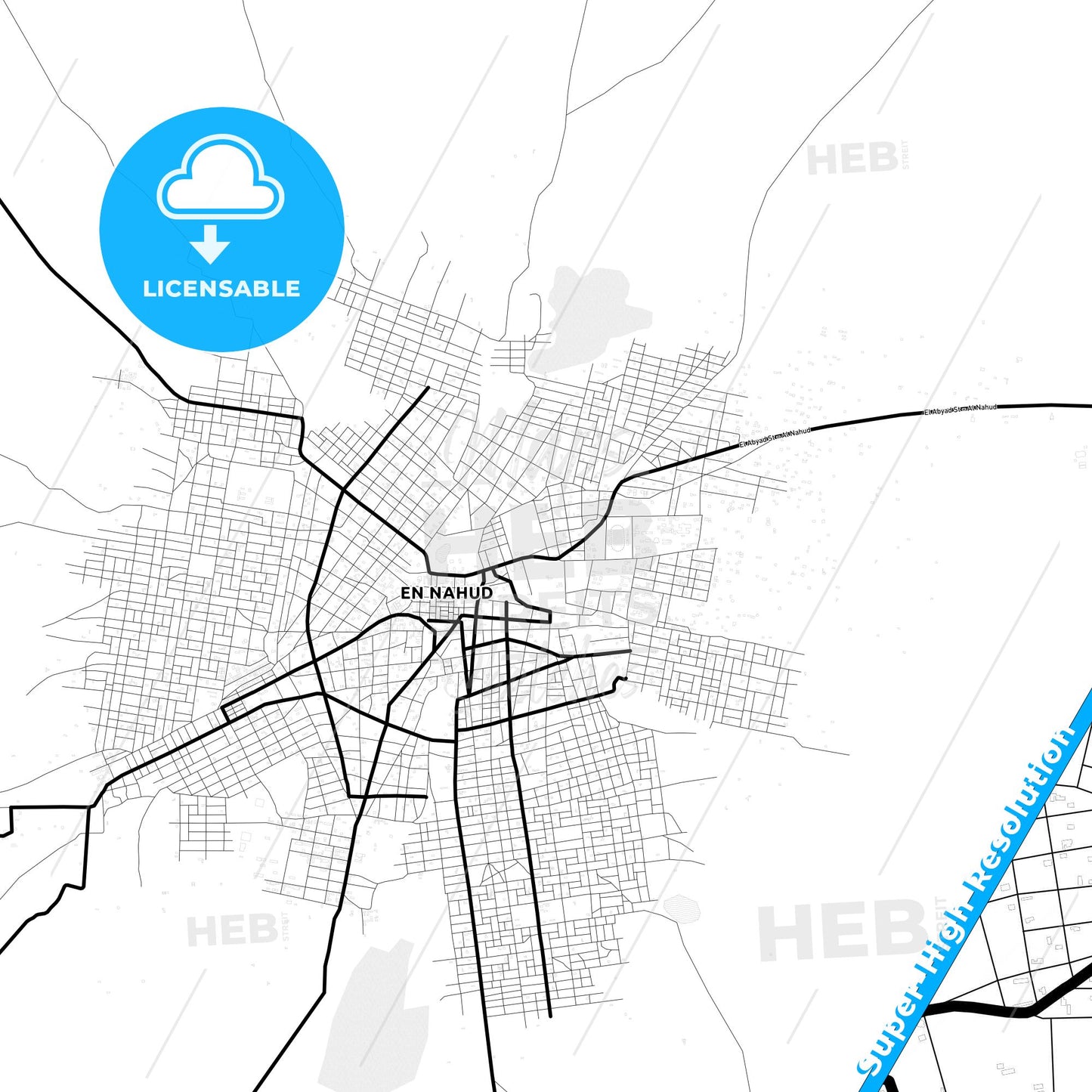 An Nuhud, Sudan Light Map with Street Names, City Names, and Districts
