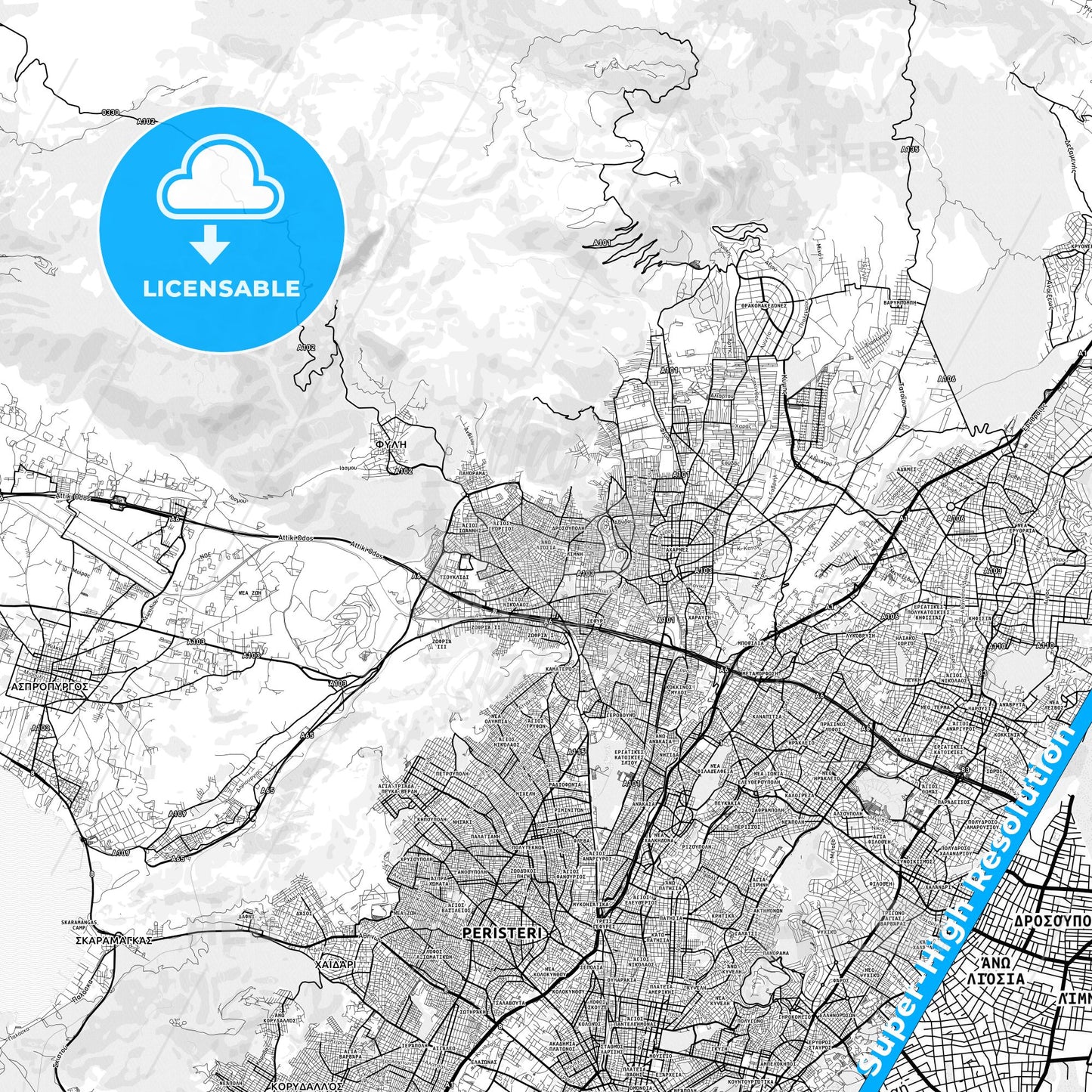 Ano Liosia, Greece light map with streetnames, citynames and districts