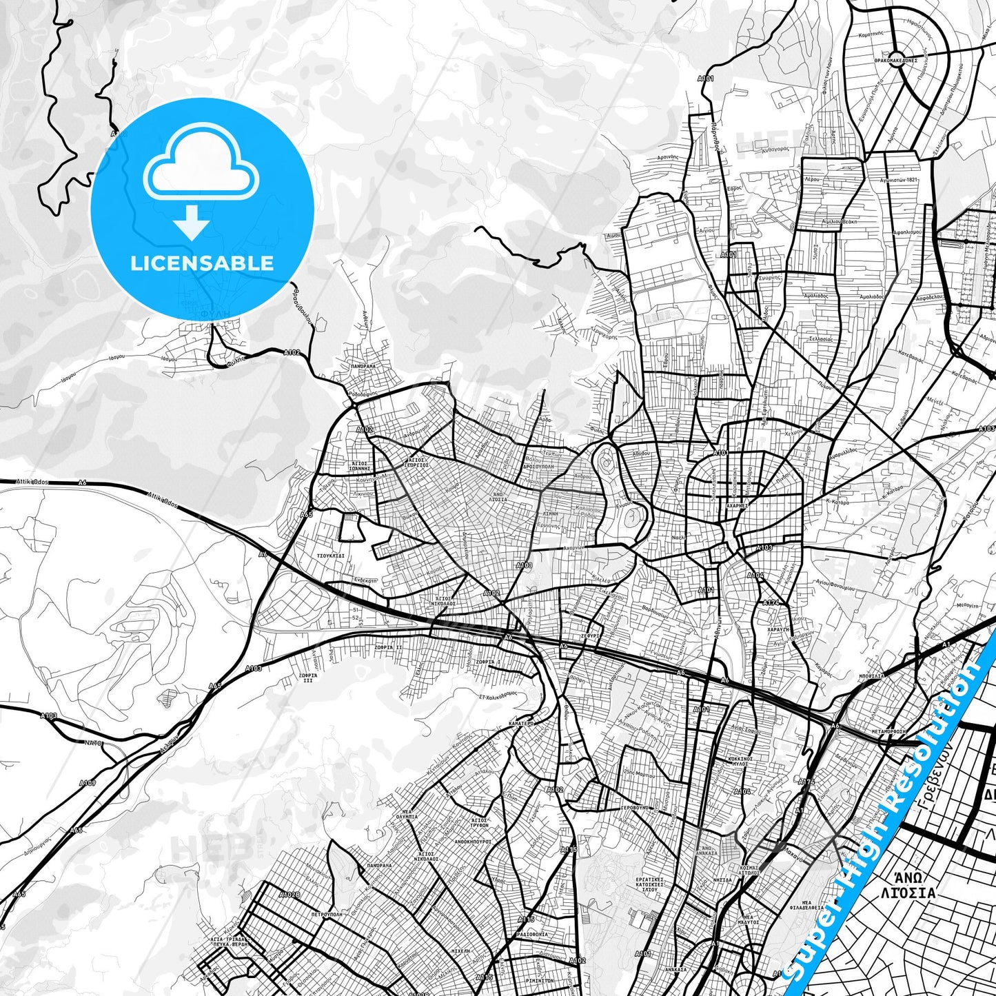 Ano Liosia, Greece Light Map with Street Names, City Names, and Districts