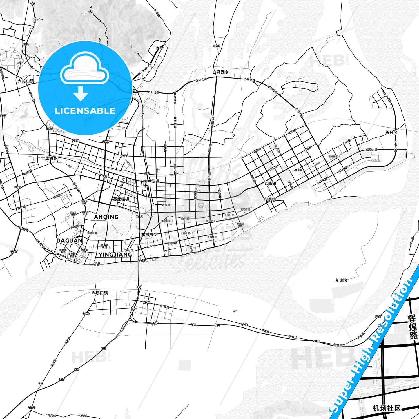 Anqing, China light map with streetnames, citynames and districts