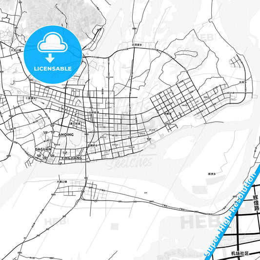 Anqing, China light map with streetnames, citynames and districts