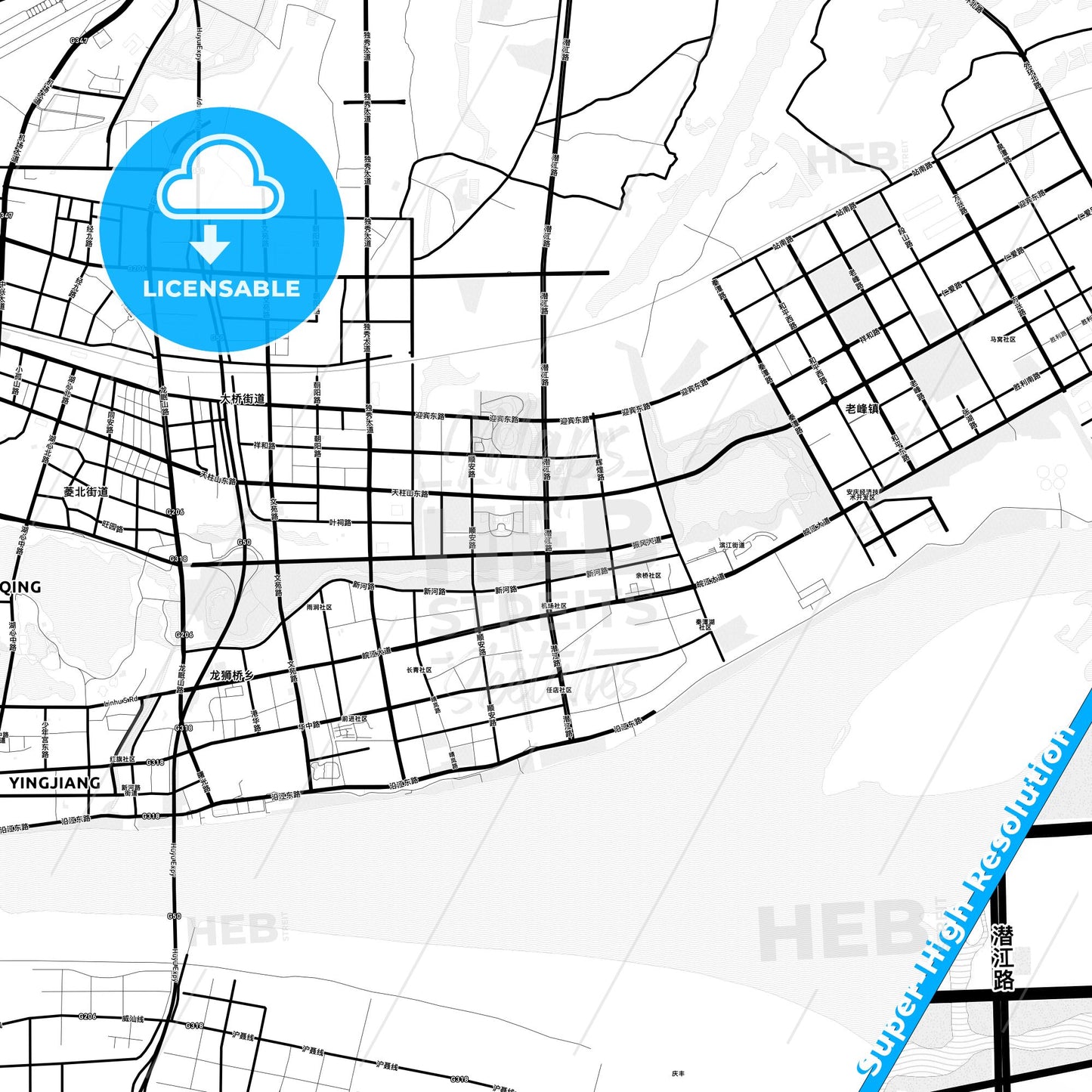 Anqing, China Light Map with Street Names, City Names, and Districts