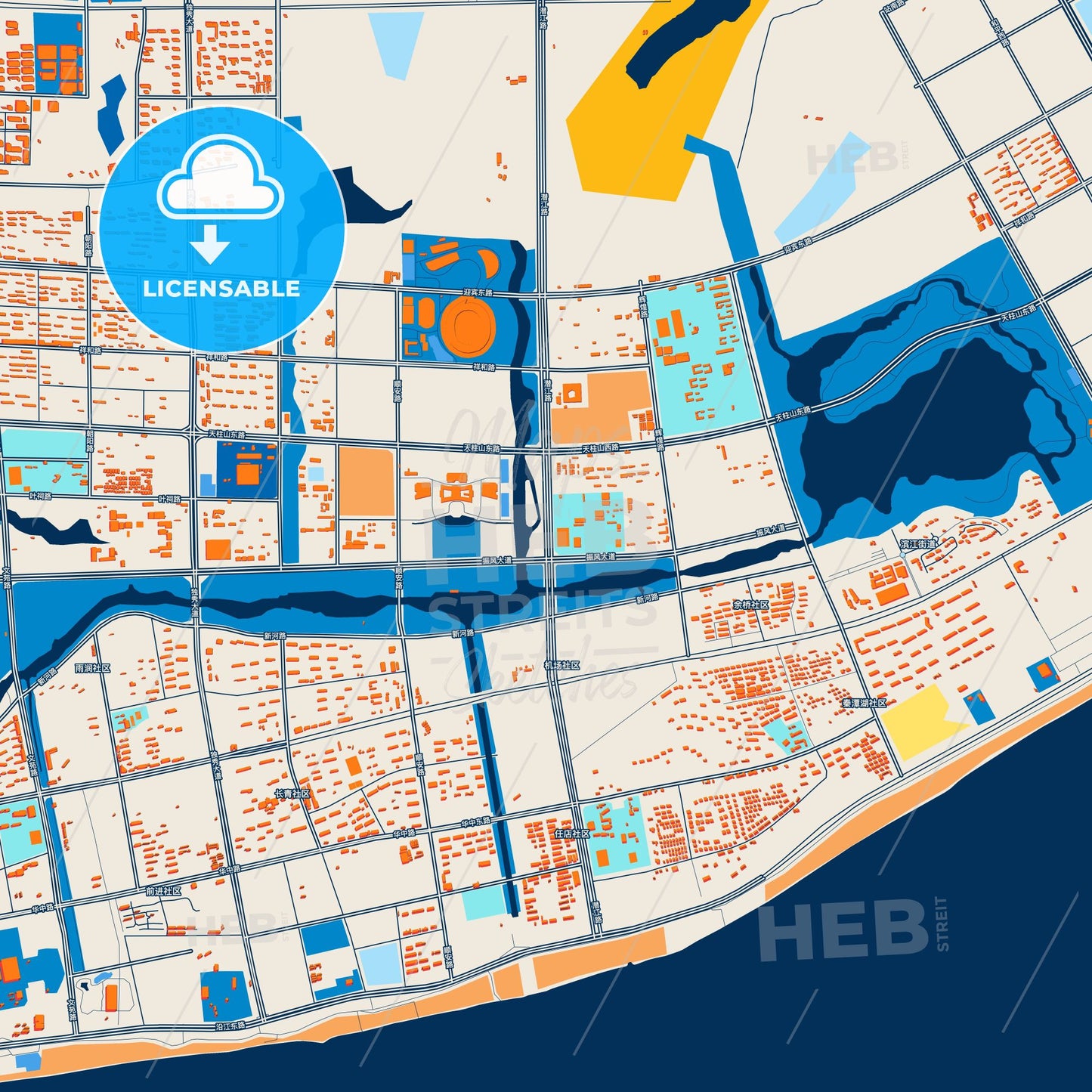 Colorful Anqing Street Map with Labels and Buildings