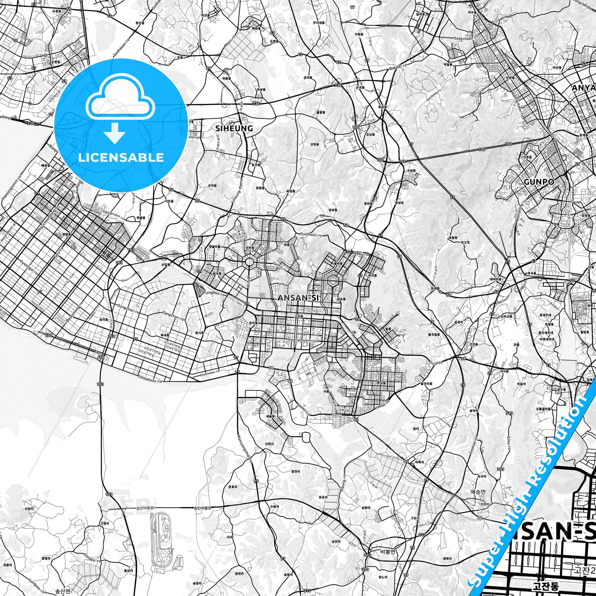 Ansan, South Korea light map with streetnames, citynames and districts