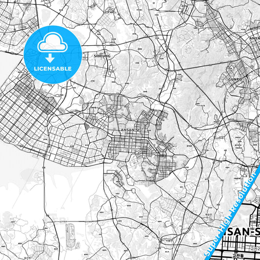 Ansan, South Korea light map with streetnames, citynames and districts